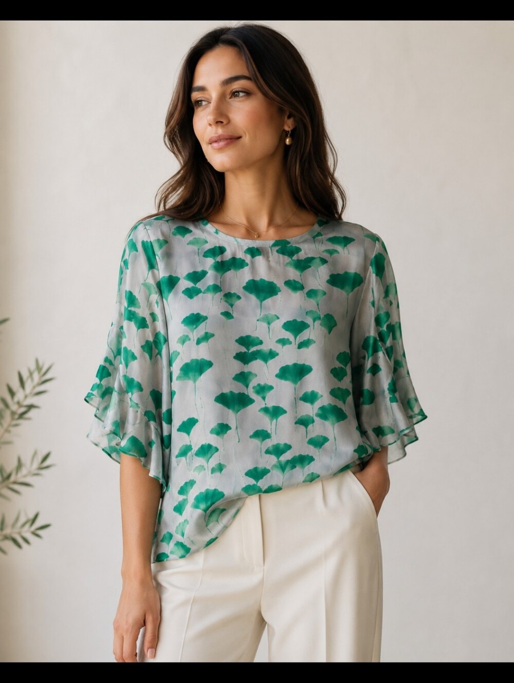 Women's 100% Silk Top with Ruffle Sleeves